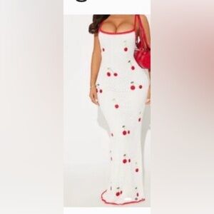 Fashion Nova White Maxi Dress with Red Cherry Accents